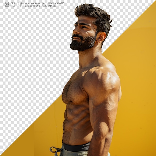 PSD asian male athlete flexing muscle isolated on transparent background