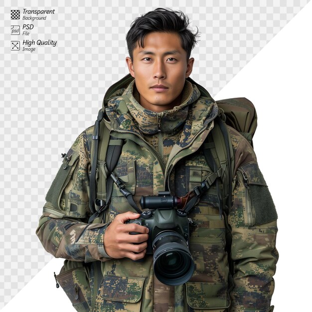 PSD asian male photographer with camouflage gear in studio