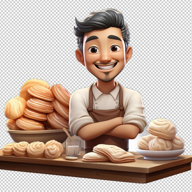 PSD asiatic man baking 3d cartoon style sfondo trasparente isolato