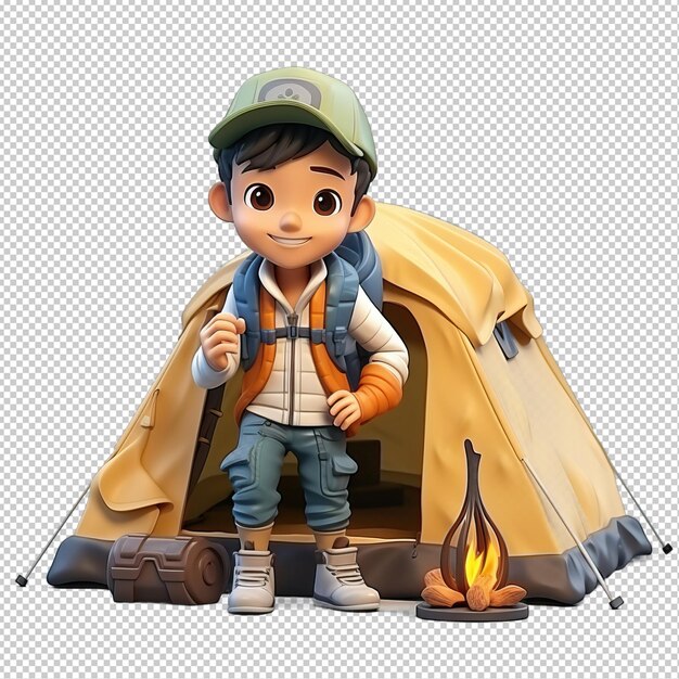 Asian man camping 3d cartoon style transparent background isola