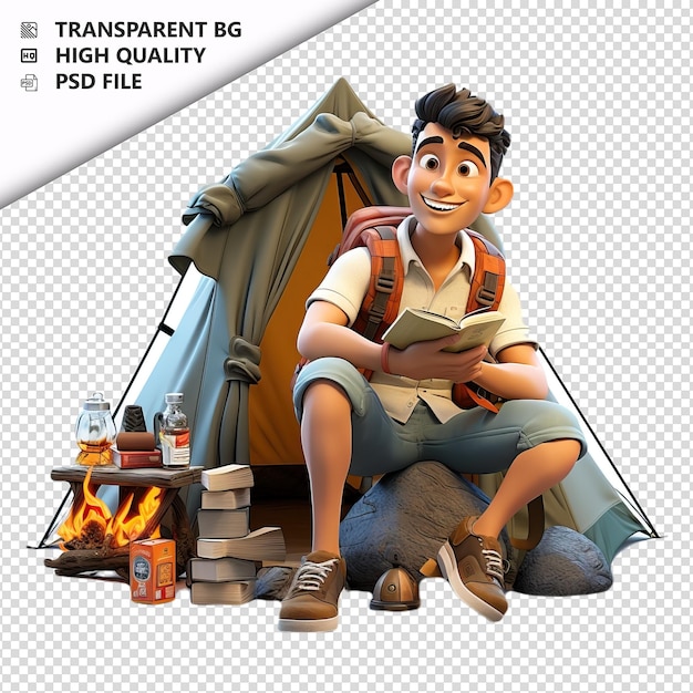 PSD asian man camping 3d in stile cartone animato sullo sfondo bianco