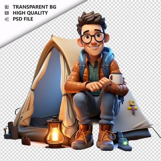 PSD asian man camping 3d cartoon style white background isola