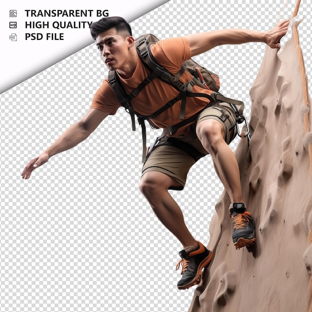 PSD asian man climbing ultra realistic style white background