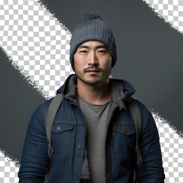 PSD asian man in denim shirt with beanie on transparent background