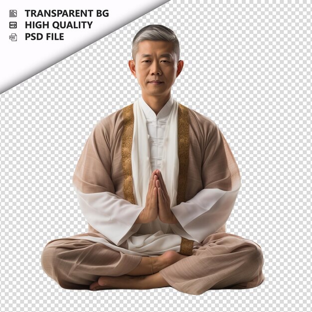 PSD uomo asiatico in meditazione in stile ultra realistico con sfondo bianco