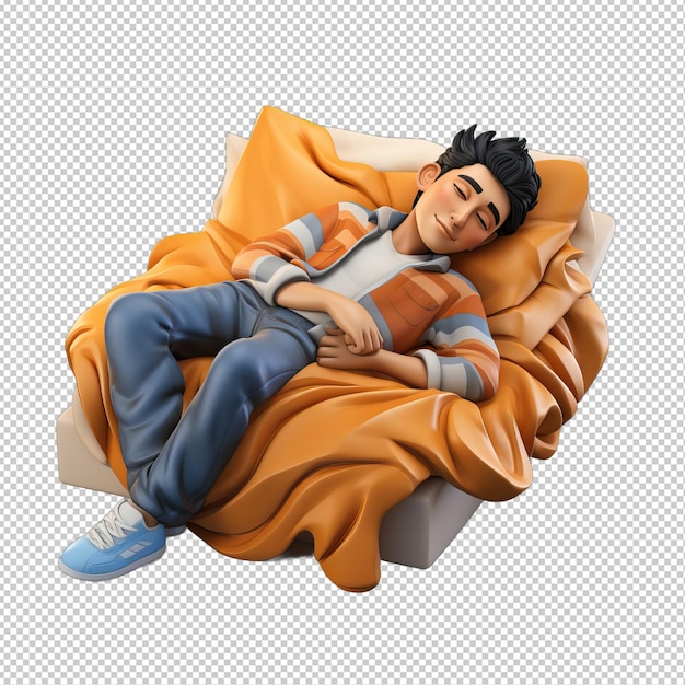 Asian man napping 3d cartoon style transparent background isola