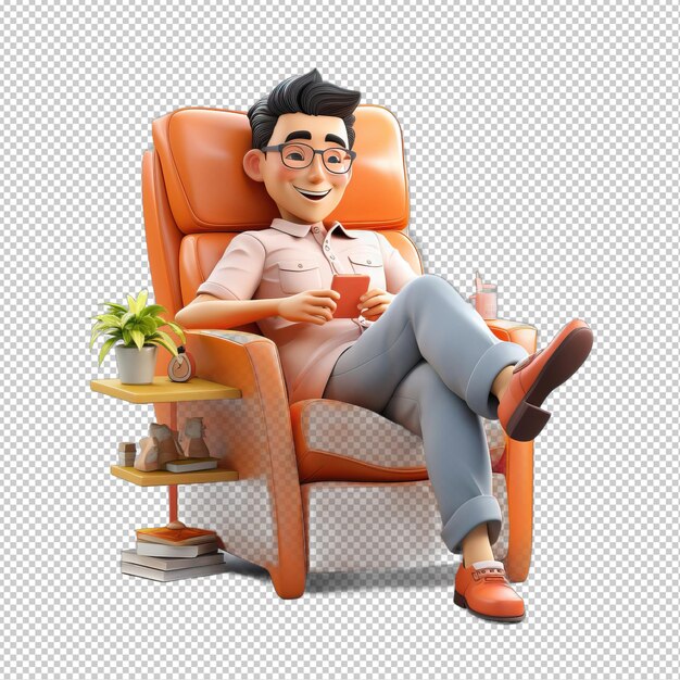 Uomo asiatico rilassante in 3d in stile cartone animato con sfondo trasparente isolato