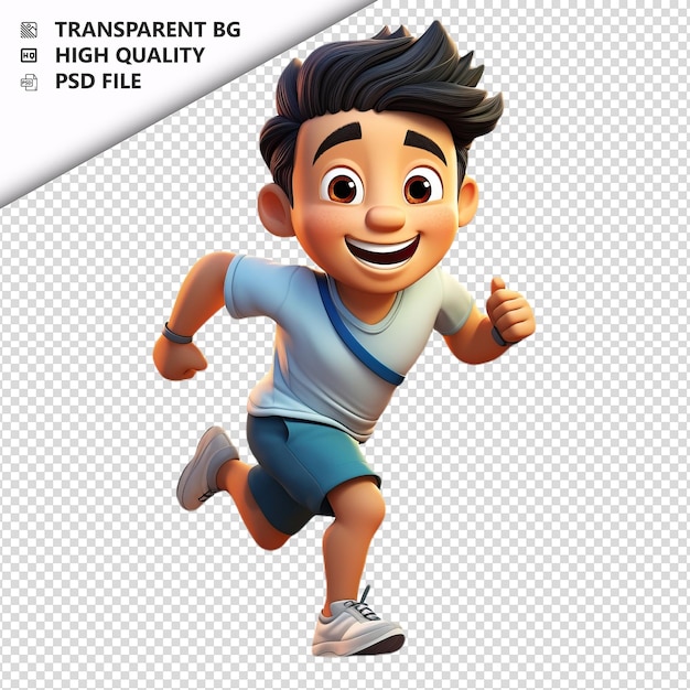 Uomo asiatico che corre in 3d in stile cartone animato sullo sfondo bianco