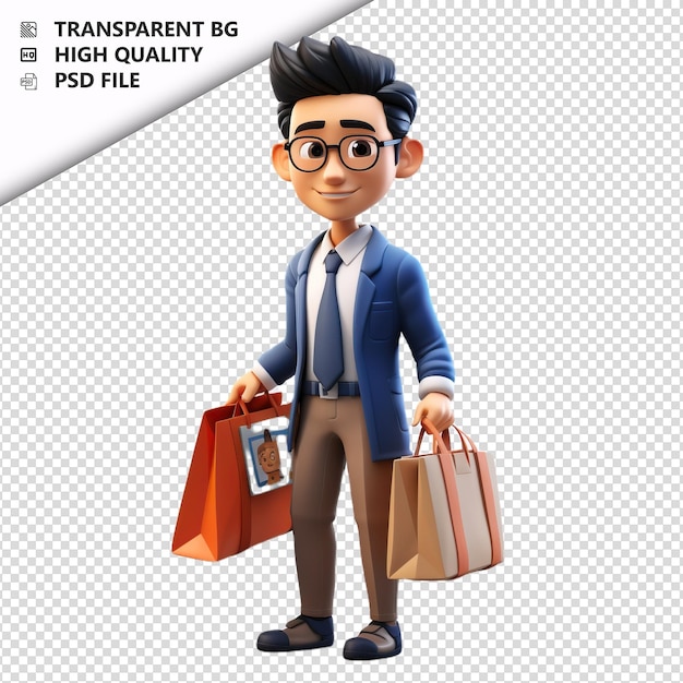PSD asian man shopping 3d cartoon style white background isol