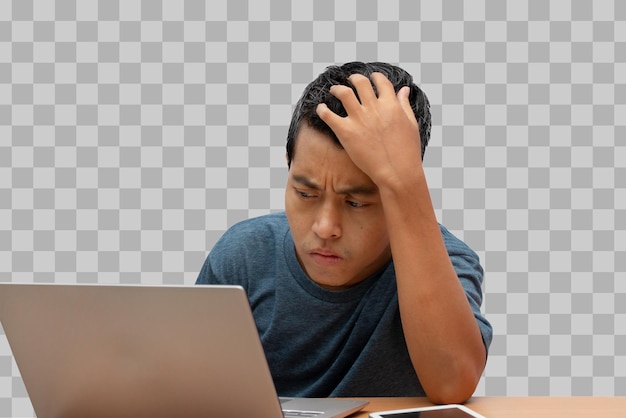 PSD asian man stressed working overwork with laptop