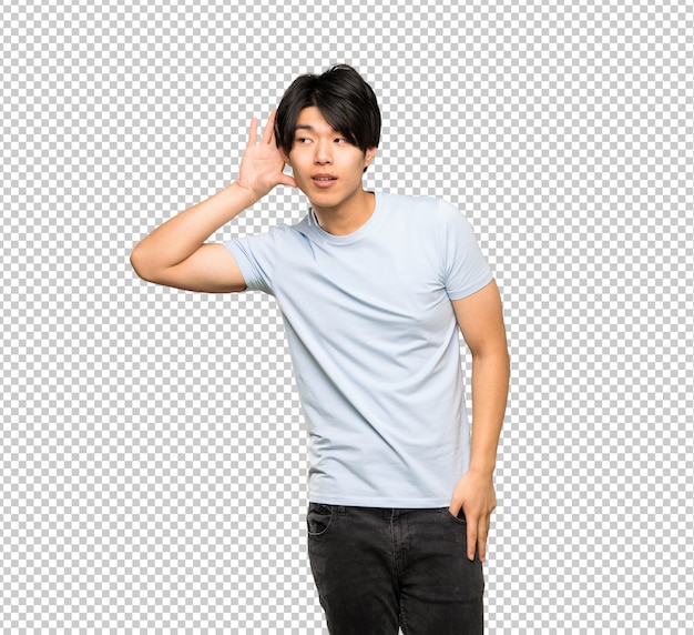 PSD asian man with blue shirt listening to something by putting hand on the ear