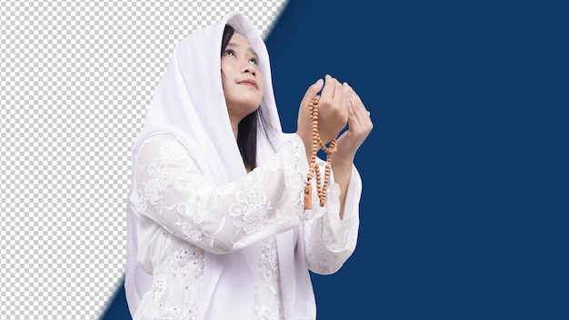 PSD asian muslim woman wearing prayer beads pray in white background