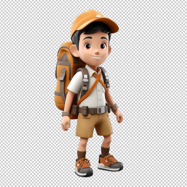 Asian person hiking 3d cartoon style transparent background iso