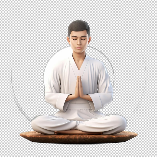PSD persona asiatica in meditazione in 3d sullo sfondo trasparente in stile cartone animato