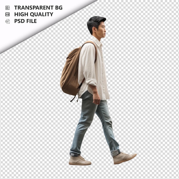 PSD asian person walking ultra realistic style white backgrou