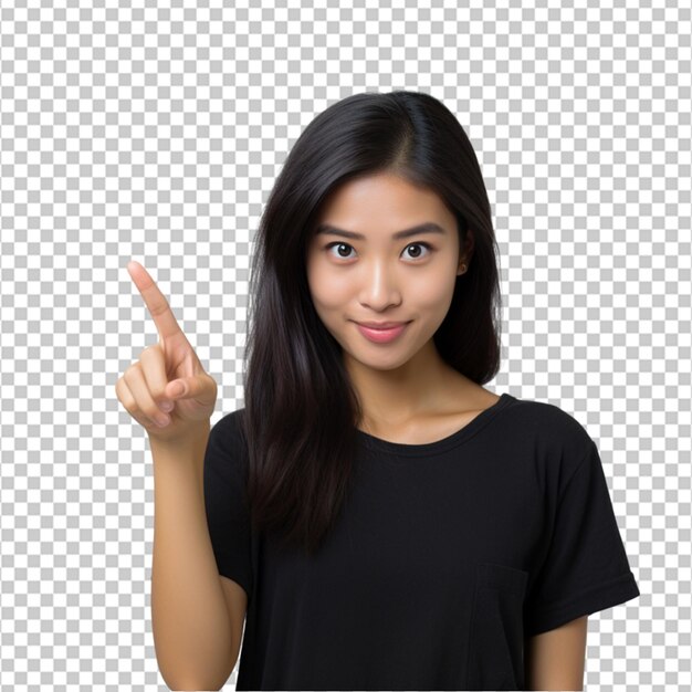 PSD asian pretty girl pointing finger to the side on white background