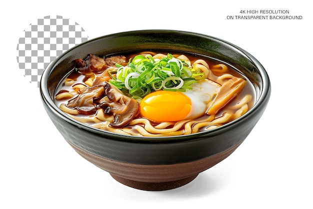 Asian style soup with udon noodles egg mushrooms on transparent background
