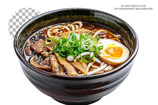 Zuppa in stile asiatico con tagliatelle udon funghi a uova su sfondo trasparente