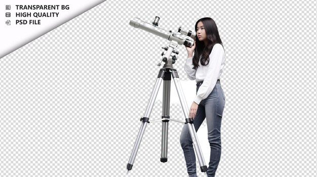PSD 白い背景のアジア人女性天文学者 白い孤立