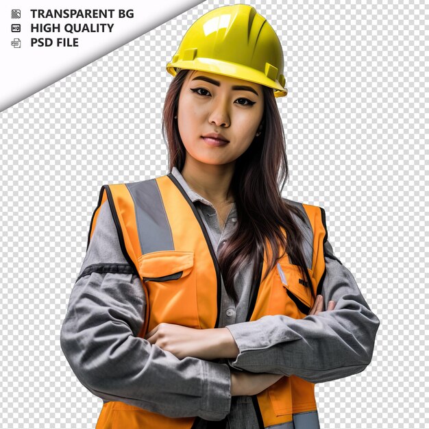 Asian woman construction worker on white background white