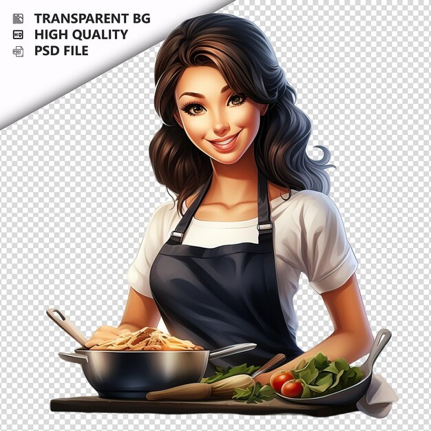 PSD donna asiatica che cucina in 3d in stile cartone animato con sfondo bianco