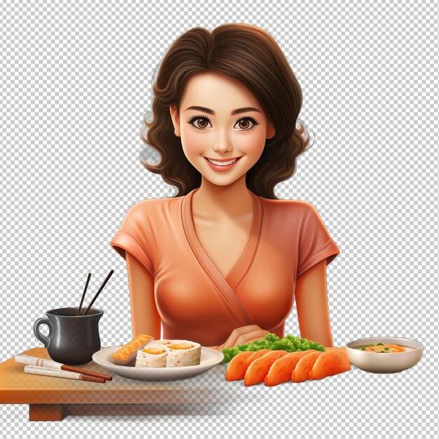 PSD asian woman dining 3d cartoon style transparent background isol