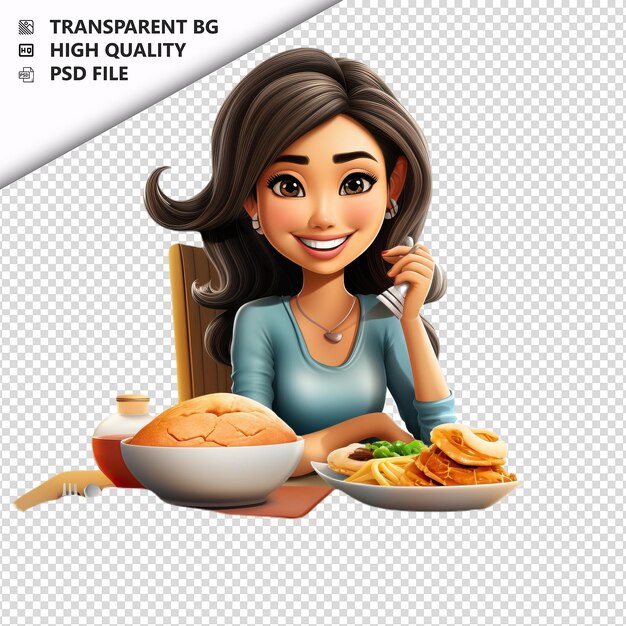 PSD asian woman dining 3d cartoon style white background isol