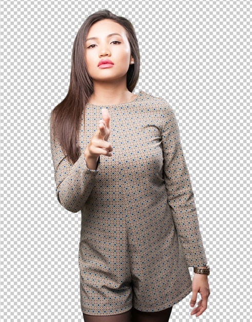 Asian woman doing gun gesture