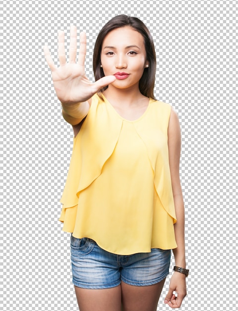 PSD 番号5のジェスチャーをしているアジアの女性