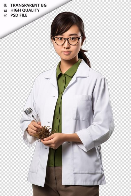 Asian woman environmental scientist on white background w