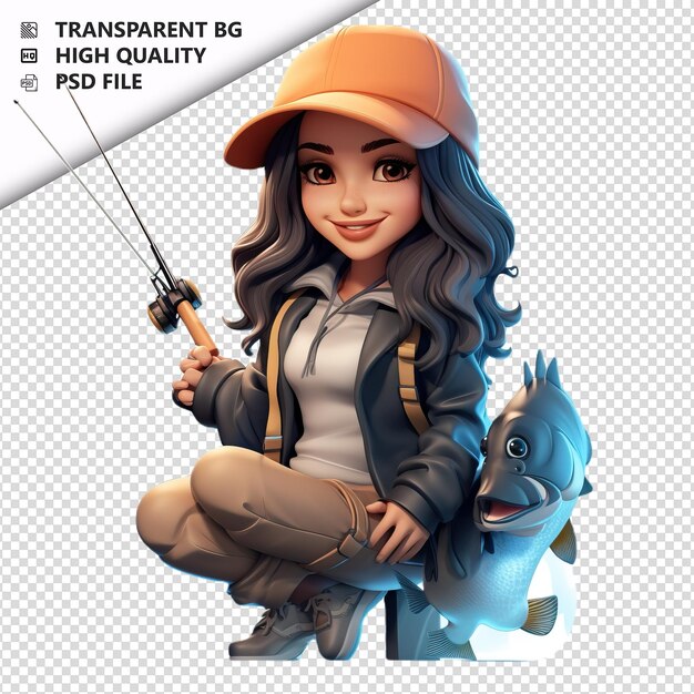 PSD asian woman fishing 3d cartoon style white background iso