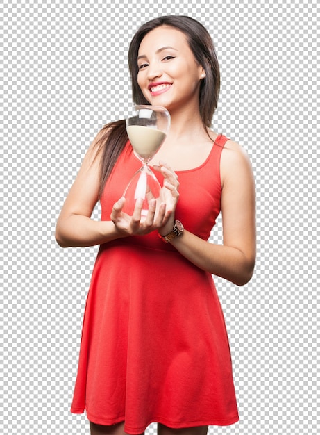 asian woman holding a sand timer