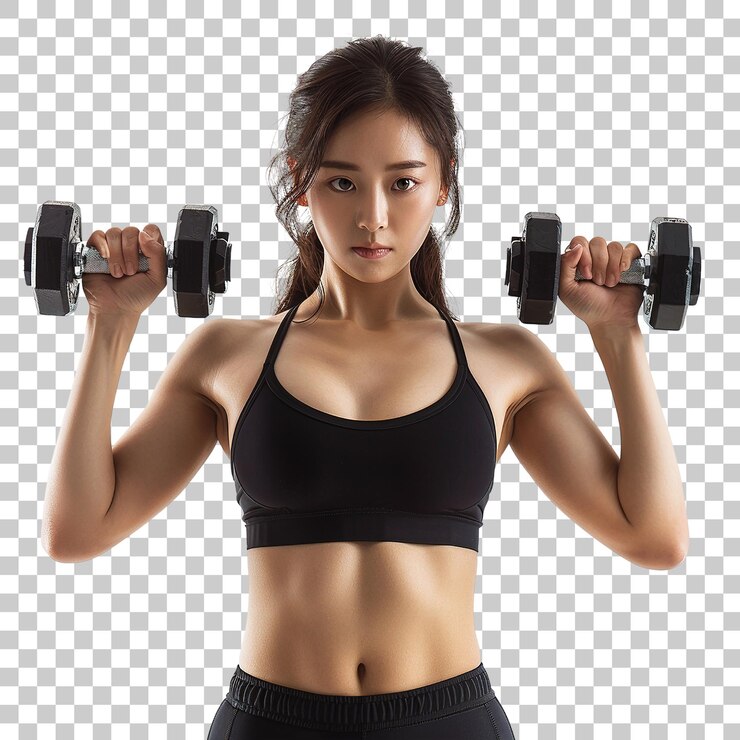 PSD 아시아 여성 이 체육관 에서 무게 를 들어 올리고 있다
