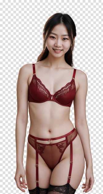 Asian Woman in Lingerie Poses for Picture Sensual Confident Isolated on transparent background