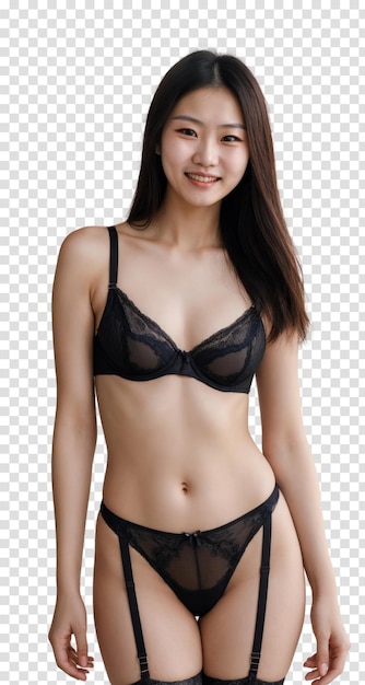 Азиатка в нижнем белье позирует для фото чувственная уверенная в себе изолирована на прозрачном фоне
