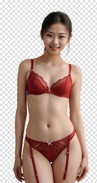 Asian Woman Posing for Picture in Red Lingerie Isolated on transparent background