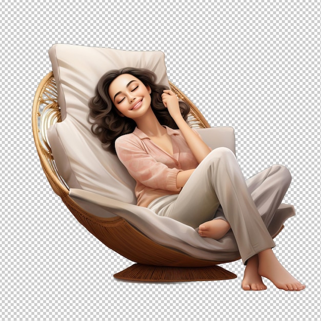 PSD asian woman relaxing 3d cartoon style transparent background is