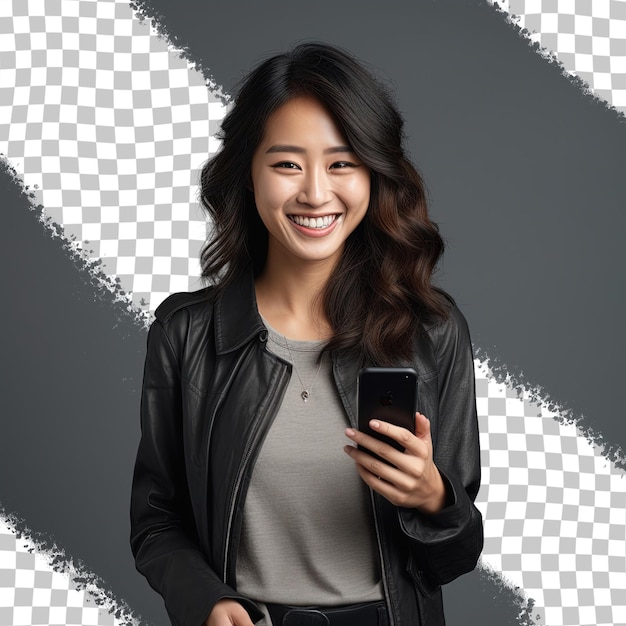 PSD asian woman smiling and holding phone on transparent background