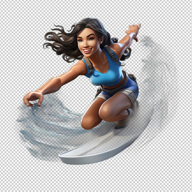 PSD asian woman surfing 3d cartoon style transparent background iso