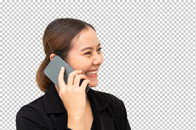 Asian woman talking a phone and smiling