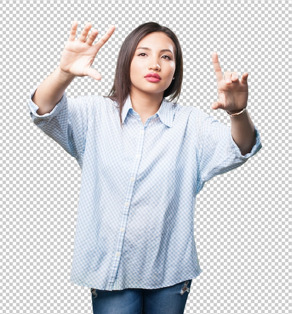 PSD asian woman touching screen