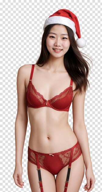 Asian woman Wearing Red Lingerie and Santa Hat