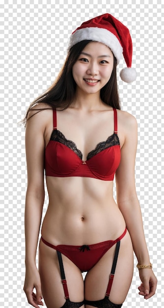 サンタの帽子と下着を着たアジア人女性祭りとクリスマスの服装