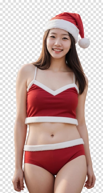 PSD asian woman wearing santa hat and red bikini isolated on transparent background