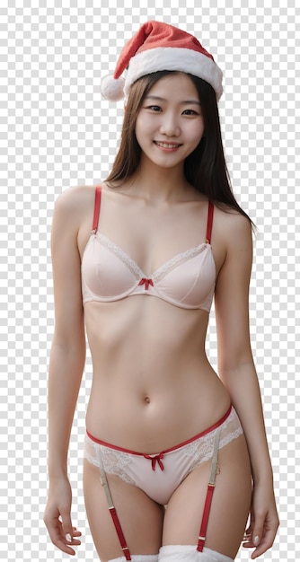PSD asian woman wearing santa hat and underwear isolated on transparent background