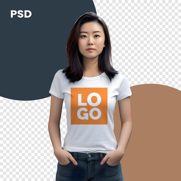 PSD 'iso 9001'라는 슬로건이 새겨진 셔츠를 입은 아시아 여성.