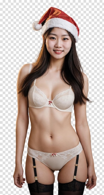 Asian woman in white lingerie with santa hat isolated on transparent background