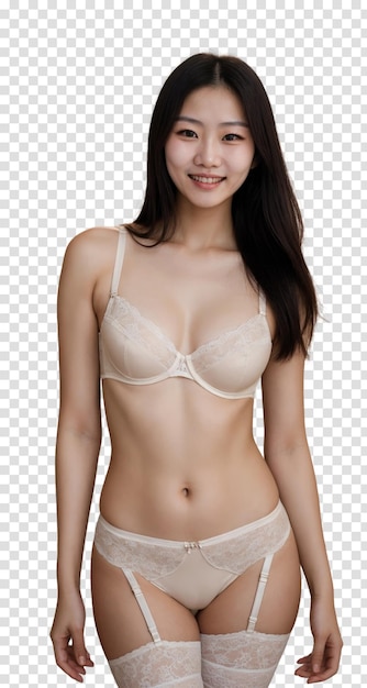 PSD donna asiatica in mutande bianche posa per una foto isolata su uno sfondo trasparente