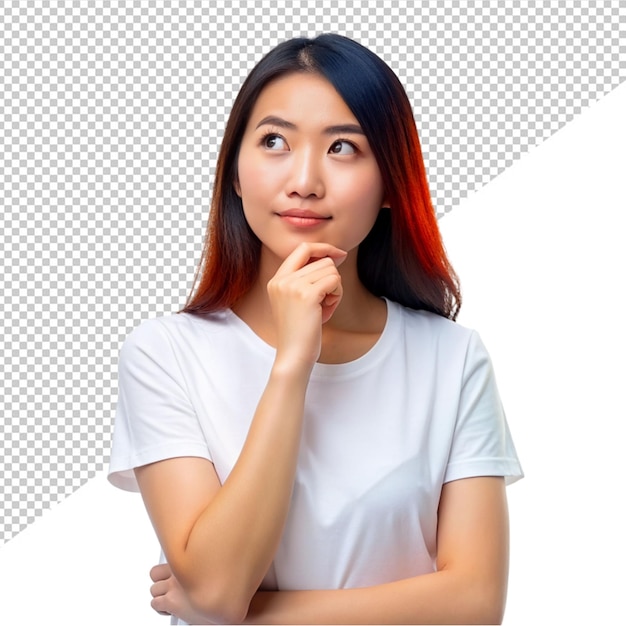 PSD asian women in casual cloth and thinking about question on transparent background