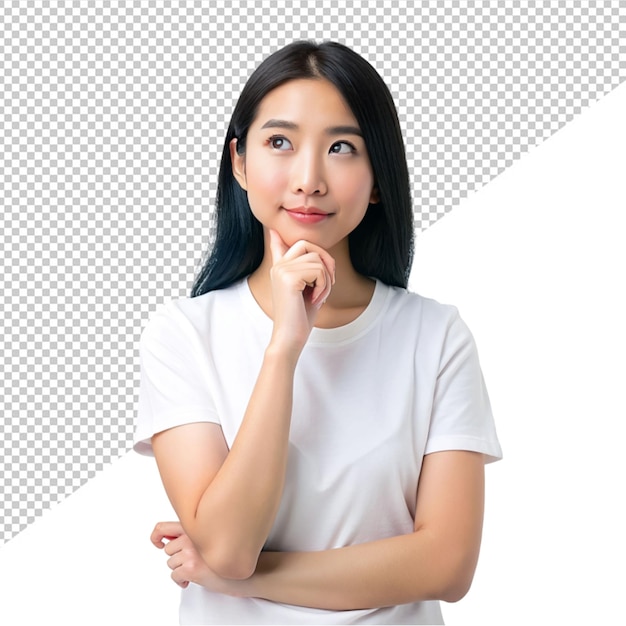 PSD asian women in casual cloth and thinking about question on transparent background